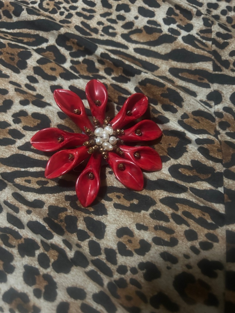 Red Floral Statement Brooch with Pearl Center - Women Jewelry